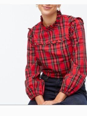 J. Crew Factory Red Tartan Plaid Cotton Poplin Top with Ruffles
